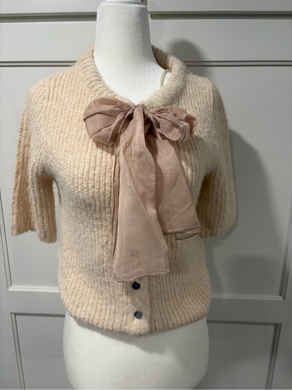 The Camille Bow Cardigan aka Snowblush Bow Cardigan - Picture 2 of 5